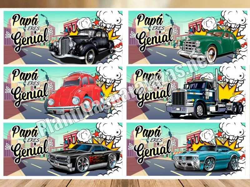 plantillas para tazas del día del padre, con diseños de autos clásicos y la frase papá eres genial