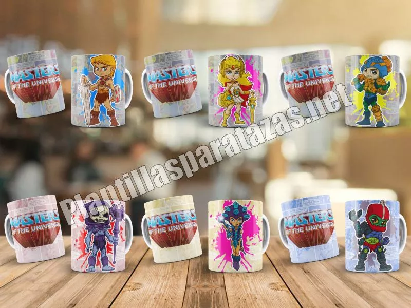 Mockups y plantillas para tazas de He-Man y los Amos del Universo, personajes en caricatura