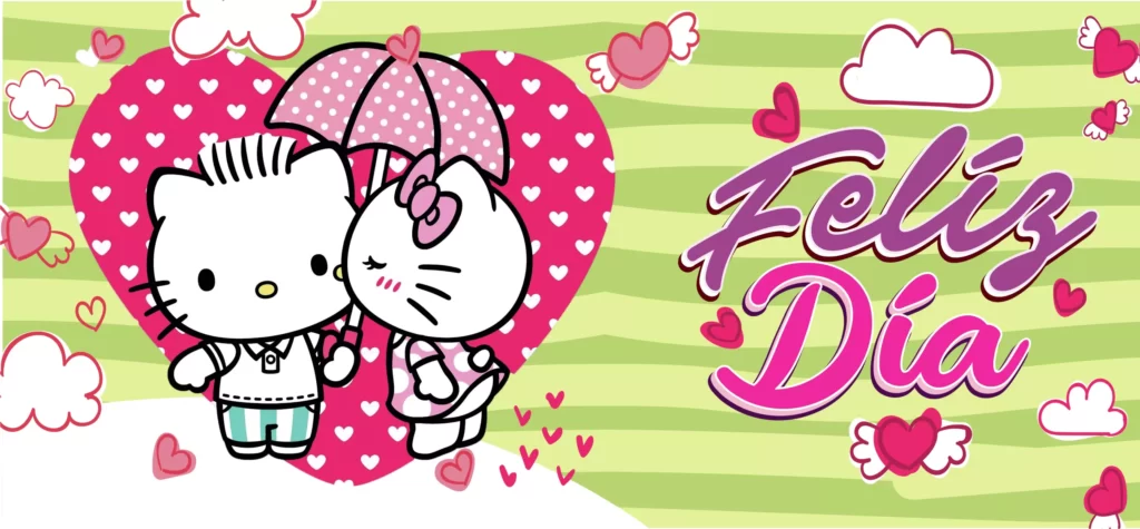 plantillas para tazas del día del amor y la amistad de Hellow Kitty, con texto feliz día