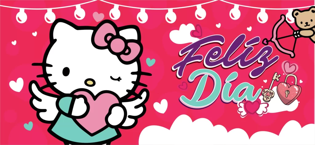 plantillas para tazas del día del amor y la amistad con Hellow Kitty y texto Feliz Día