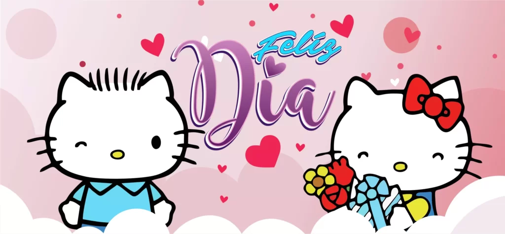plantillas para tazas del día del amor y la amistad con Hellow Kitty y texto Feliz Día