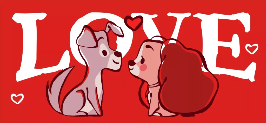 plantillas para tazas del día del amor y la amistad con dibujo de la Dama y el Vagabundo con el texto LOVE