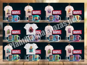 Mockup plantillas para tazas y camisetas de Marvel y Avenger