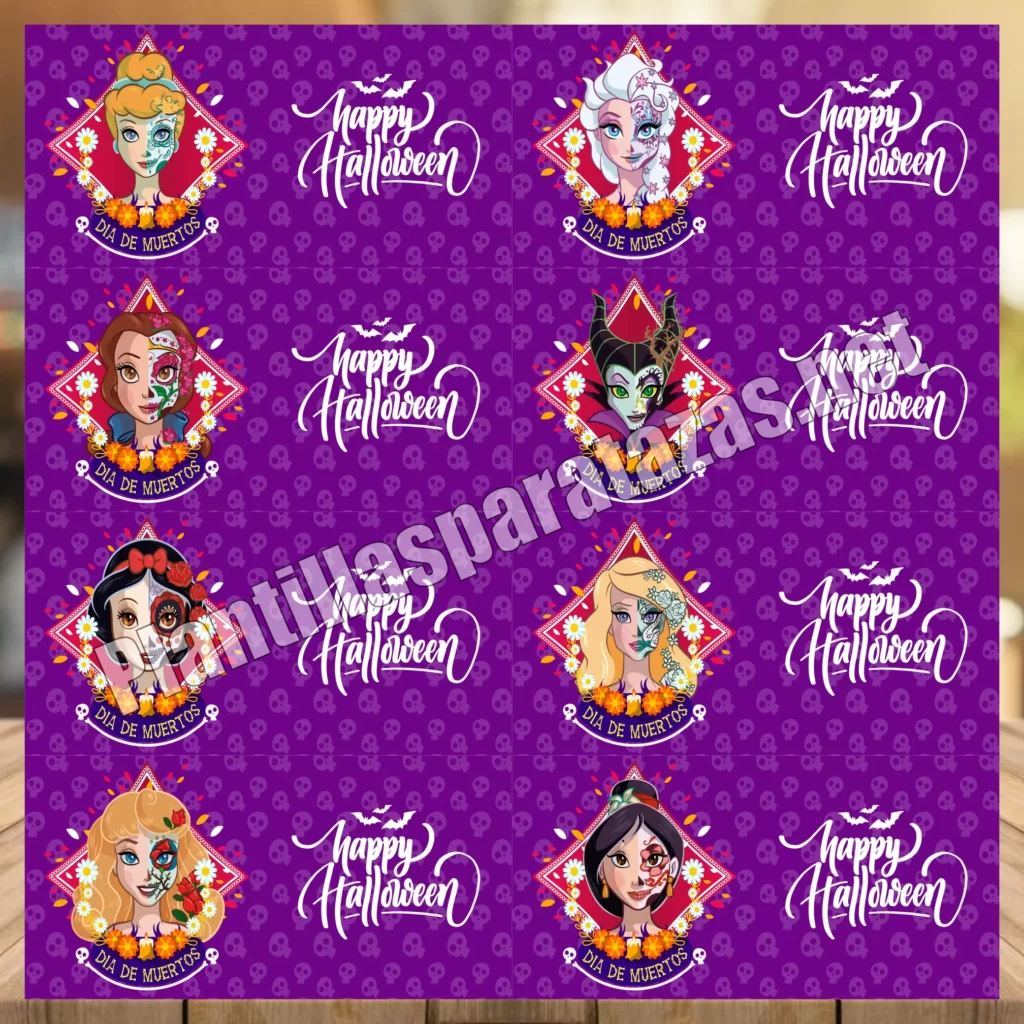 Plantillas para tazas de Princesas Disney como Catrinas en Halloween - Dia de muertos